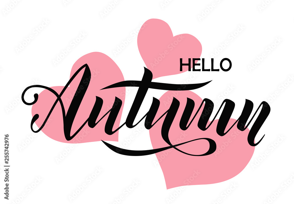 Hello autumn lettering text on white background with pink hearts for shopping sale or promo poster, logo, card, banner and frame leaflet or web banner. Vector modern calligraphy illustration template. Hello autumn lettering text on white background with pink hearts for shopping sale or promo poster, logo, card, banner and frame leaflet or web banner. Vector modern calligraphy illustration template.