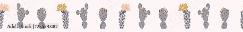Cactus flowering bloom seamless border pattern. Indoor succulent houseplant flower vector illustration. Repeatable flat banner trim design. Hand drawn pretty desert cacti flower garden plant decor .