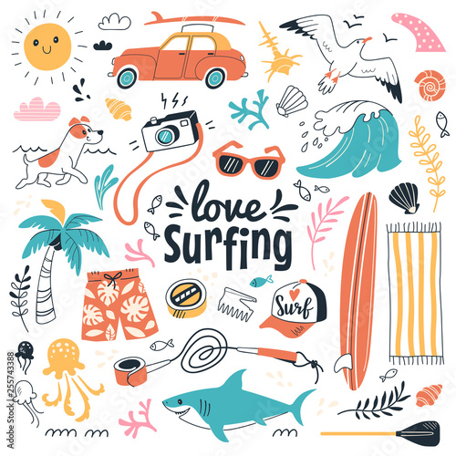 Love surfing collection. Vector illustration in cartoon doodle style of summer icons, including animals, plants and surfing equipment: surfboard, fins, leash and clothes elements. Isolated on white.