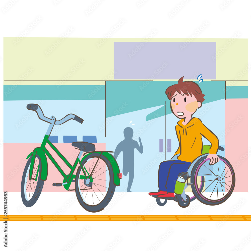 車椅子の男性が歩道に置かれている自転車が障害になって進めず困っているイラスト Stock Vector Adobe Stock