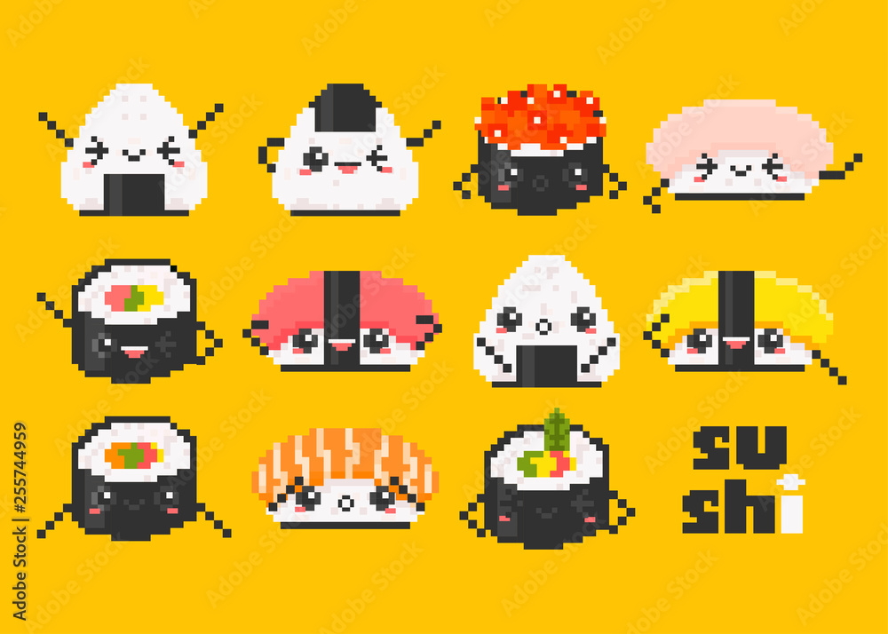 Various sushi with face emotions. Pixel art. Hand drawn trendy illustration. Flat design. Kawaii
