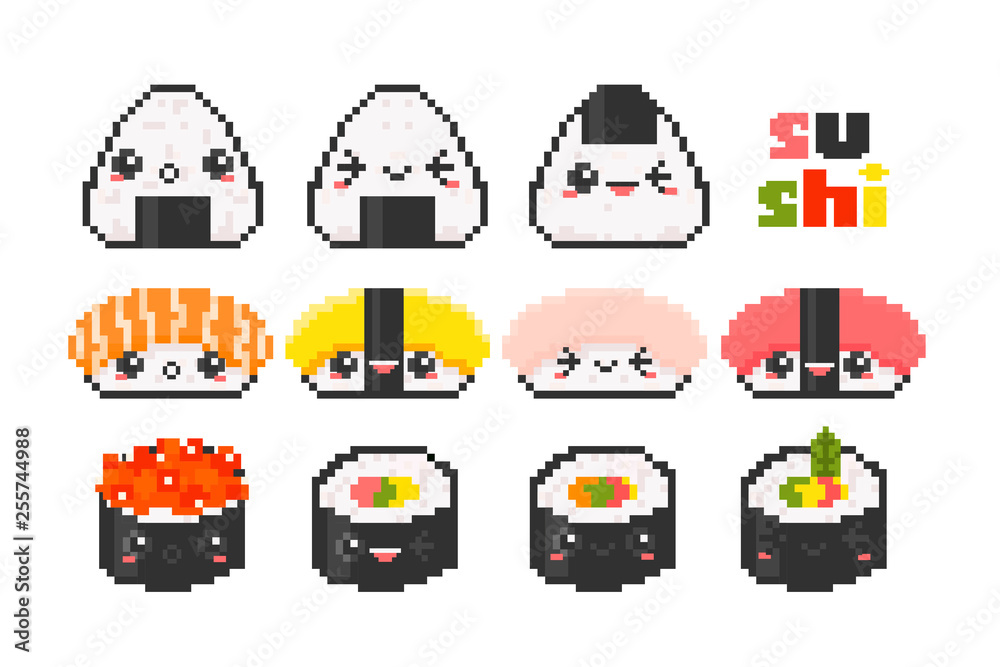Various sushi with face emotions. Pixel art. Hand drawn trendy illustration. Flat design. Kawaii