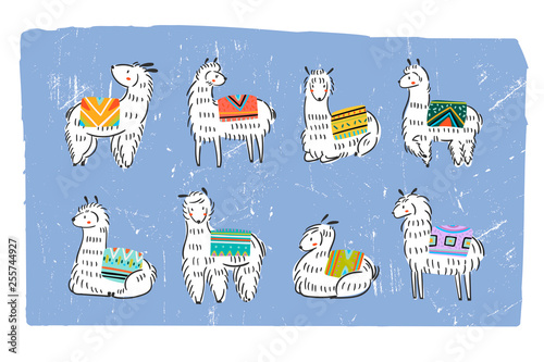 Graphic sketchy llamas in various poses with colorful carpets on back. Hand drawn trendy vector illustration. All elements are isolated. Stamp texture. Blue background