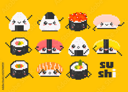 Various sushi with face emotions. Pixel art. Hand drawn trendy illustration. Flat design. Kawaii vector set. All elements are isolated. Yellow background