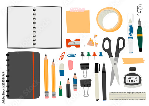 Various office tools. Hand drawn big vector set. Sketchbook, crayons, pencil, eraser, pen, marker, ruler, scissors, binder, stickers, ink, etc. Colored trendy illustration. All elements are isolated