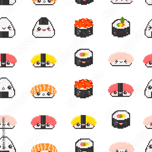 Various sushi with face emotions. Pixel art. Hand drawn trendy illustration. Flat design. Kawaii vector seamless pattern