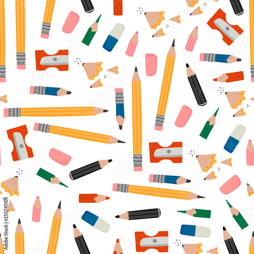 Various pencils, eraser, sharpener and pencil shavings. Hand drawn vector illustration in trendy style. Colorful seamless pattern