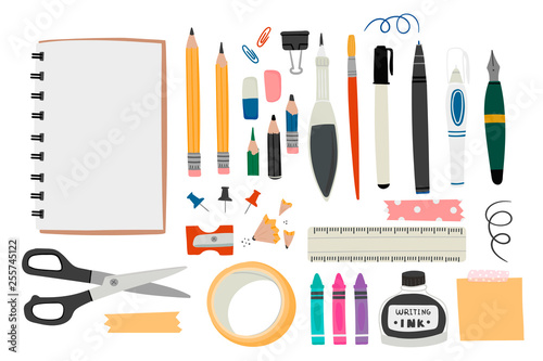 Various tools for drawing or sketching. Hand drawn big vector set. Sketchbook, crayons, pencil, eraser, pen, marker, ruler, scissors, ink, etc. Colored trendy illustration. All elements are isolated photo