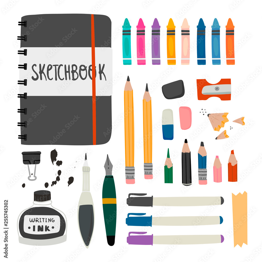 Various tools for sketching. Hand drawn vector set. Sketchbook, crayons, pencil, eraser, pen, marker, ink etc. Colored trendy illustration. All elements are isolated