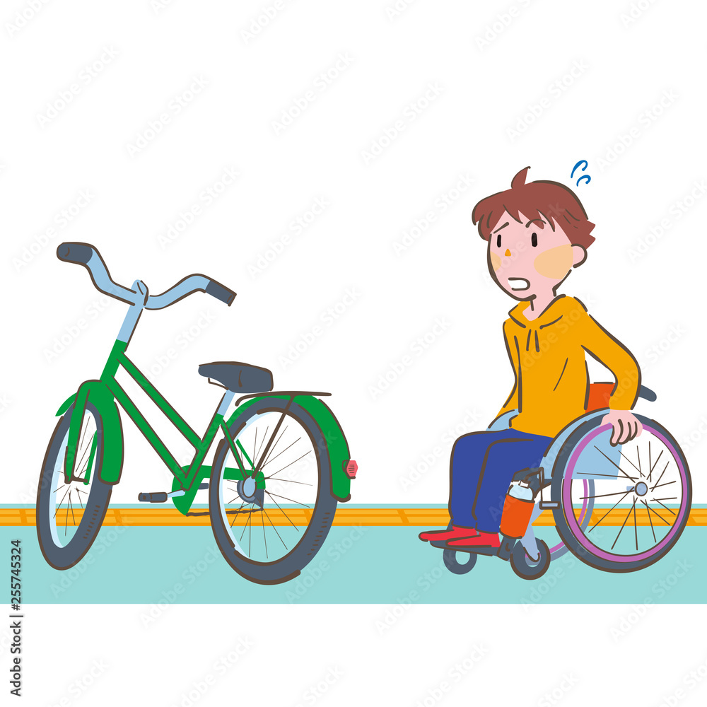 車椅子の男性が歩道に置かれている自転車が障害になって進めず困っているイラスト 車椅子の男性が歩道に置かれている自転車が障害になって進めず困っているイラスト