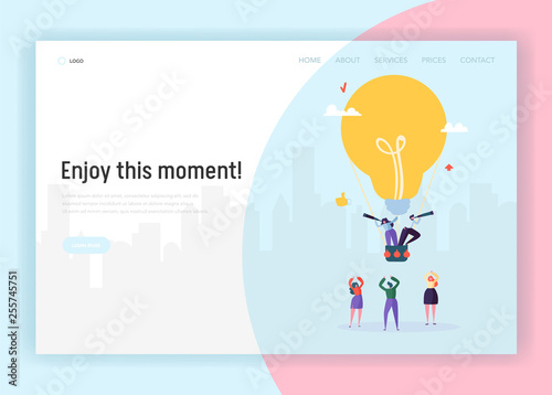 People on Lightbulb Flying Airballoon Looking for Business Idea Concept Landing Page. Male and Female Character in Suit Make Creative Solution Website or Web Page. Flat Cartoon Vector Illustration