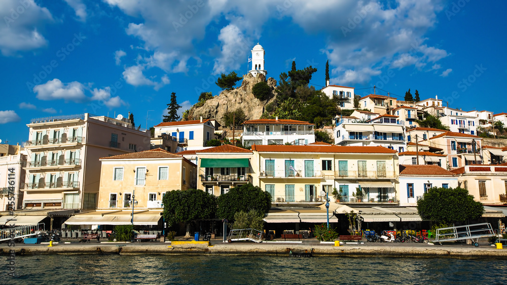 View of Poros from the sea Marina, Greece.