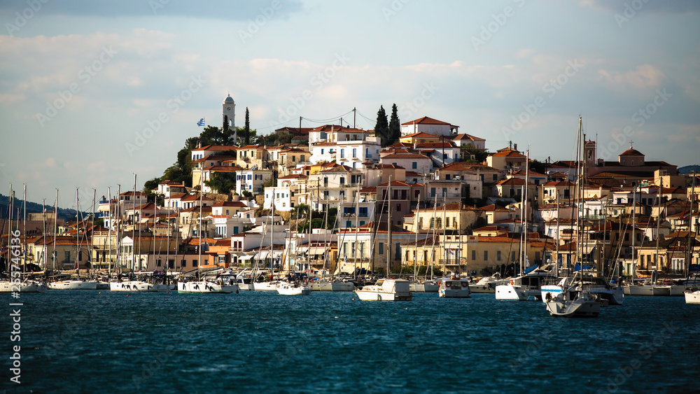 View of Poros from the sea Marina, Greece.