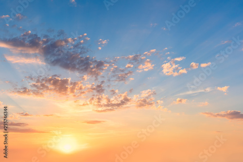 Fototapeta Naklejka Na Ścianę i Meble -  Gentle Sky at Sunset Sunrise with real sun and clouds