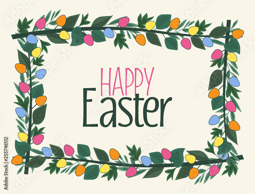 Vector illustration of Easter frame with branches and leaves, Easter eggs
