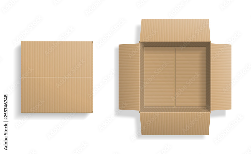 Realistic cardboard box set, opened and closed top view Realistic cardboard box set, opened and closed top view
