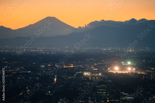 富士山のシルエットと横浜の街並み