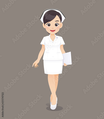Cartoon woman doctor or nurse in white uniform holding a clipboard, Smiling female nursing staff, Vector illustration in character design