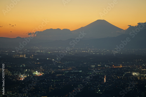 富士山のシルエットと横浜の街並み