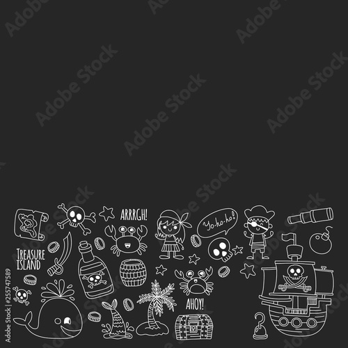 Vector pattern with pirate icons. Adventure, birthday party.