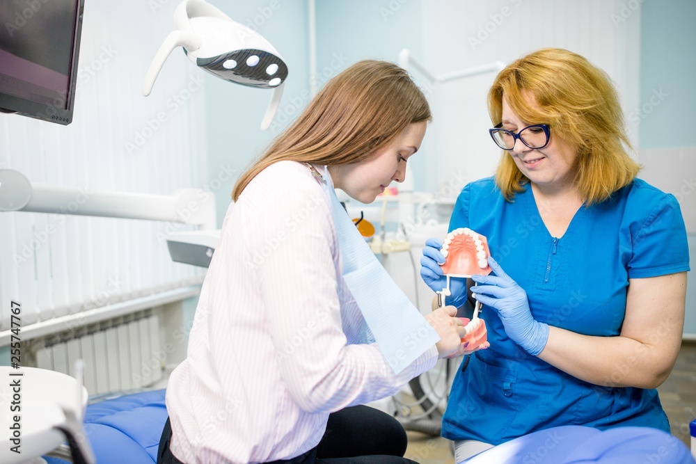Fototapeta premium Woman dentist advises the girl showing the layout of a dental prosthesis