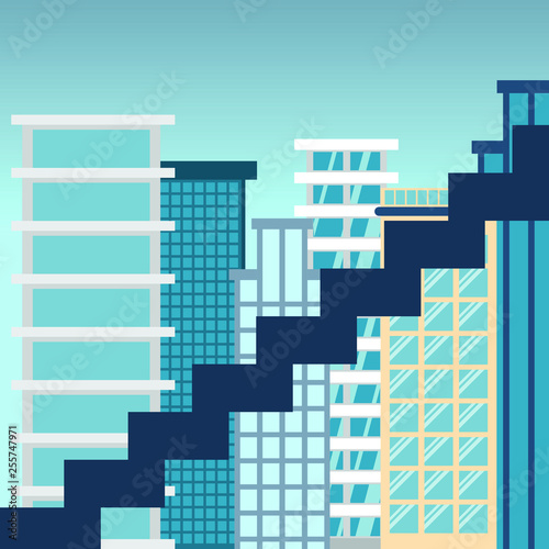 Career ladder against the backdrop of a big city. Concept of development and growth for business and progress. Vector illustration in flat design.