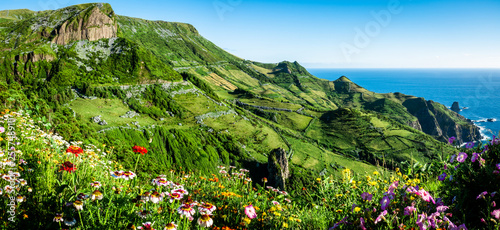 Portugal, the Azores landscape: Flores Island, wide angle view on Rocha dos Bordoes, a volcanic rock on the coast of Flores, an beautiful green island at the azores. photo