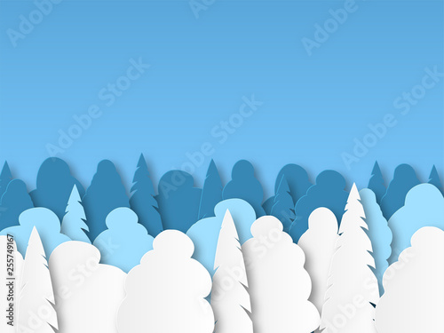 Winter landscape in the afternoon. Snowy fields and trees in the park or forest. Design in paper art style. Vector illustration