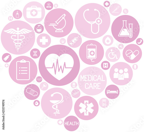 set of medical icons on circular pink colored buttons that form a heart, vector, web design elements about medicine