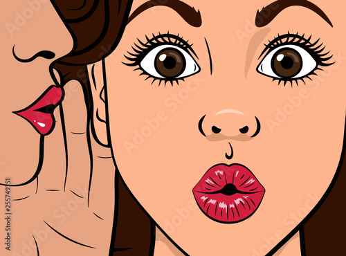 Gossip girl whispering in ear secrets, rumor. Word-of-mouth. Close up. Vector illustration in Pop Art  style