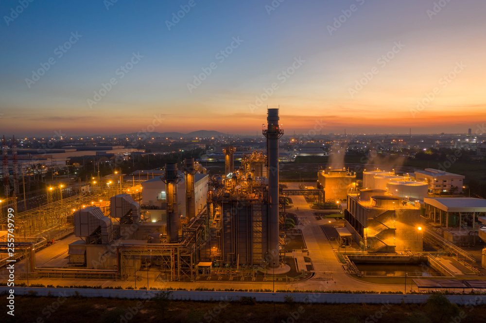 Fototapeta premium Aerial view. industrial power plant energy at night and twilight