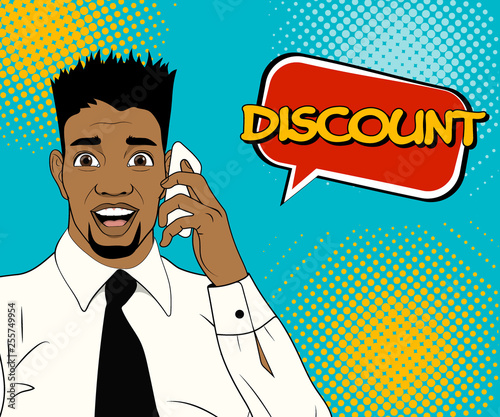 Smiling young African-American man with Discount speech bubble. Wow male face. Vector colorful background in pop art comic style.