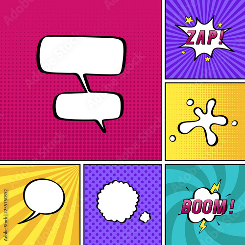 Pop art comic page magazine template. Bright Comic book Elements with speech bubbles. Vector illustration 