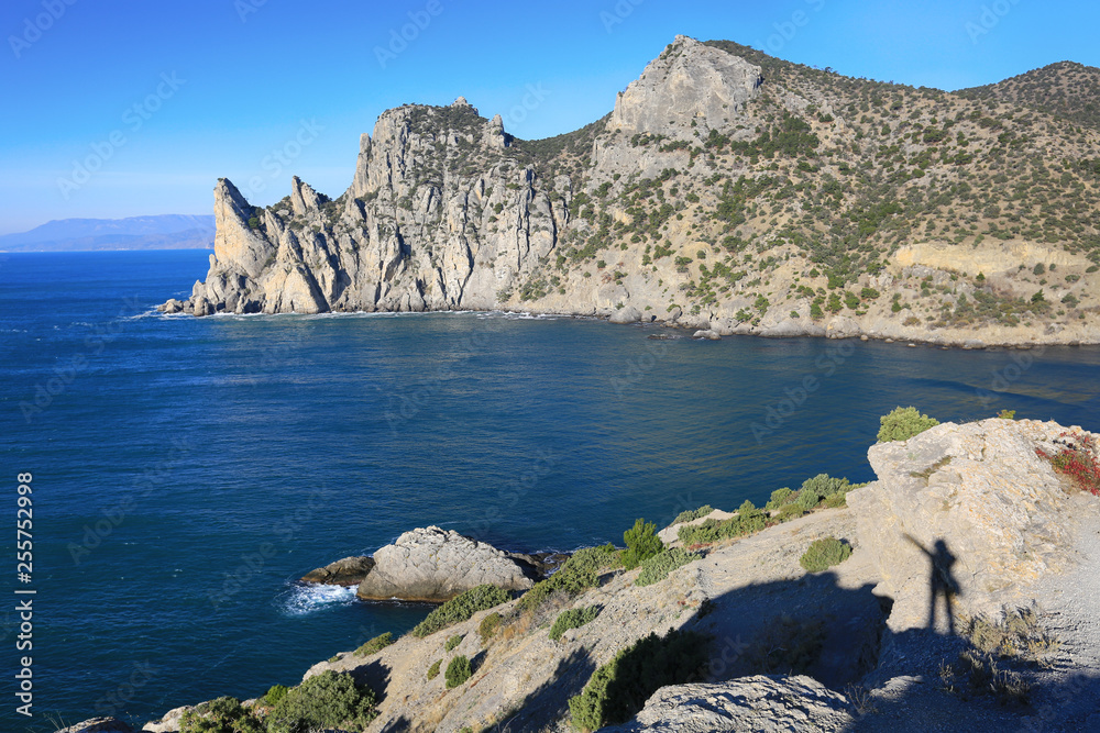 Beautiful seascape on the coast of Crimea. Mount Karaul-Oba near the village of Novy Svet on a sunny day