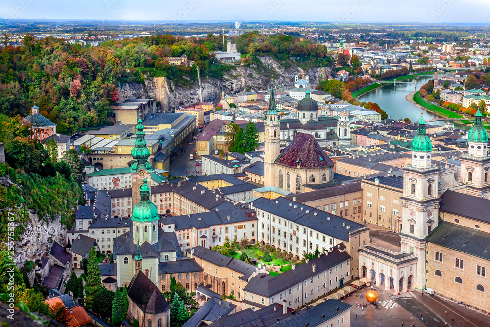 Scenic view opening from Hohensalzburg fortress in Salzburg to the city and Alps, Austria