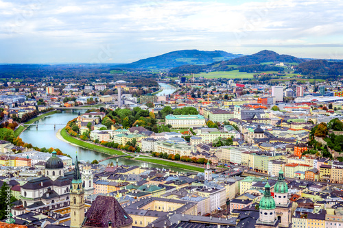 Scenic view opening from Hohensalzburg fortress in Salzburg to the city and Alps  Austria