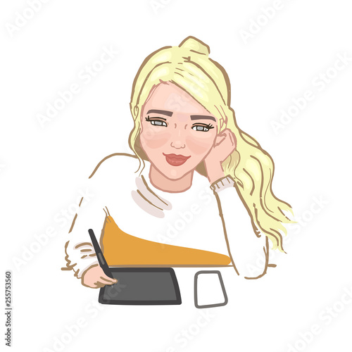 Girl draws on a graphics tablet. Sketch girl blonde.