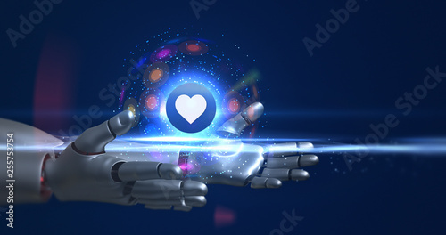 Humanoid robot arms holding 3d heart symbol. Technology related 3D Render.