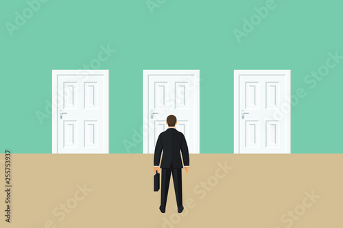 Choice way concept. Businessman stading in front of three closed doors. Decide direction. Business decision. Vector illustration in flat style