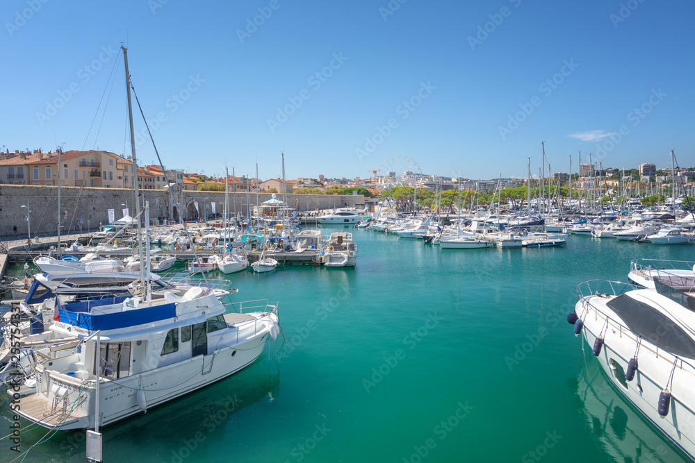 View on Port Vauban in the French town of Antibes with Fort Carre in the background