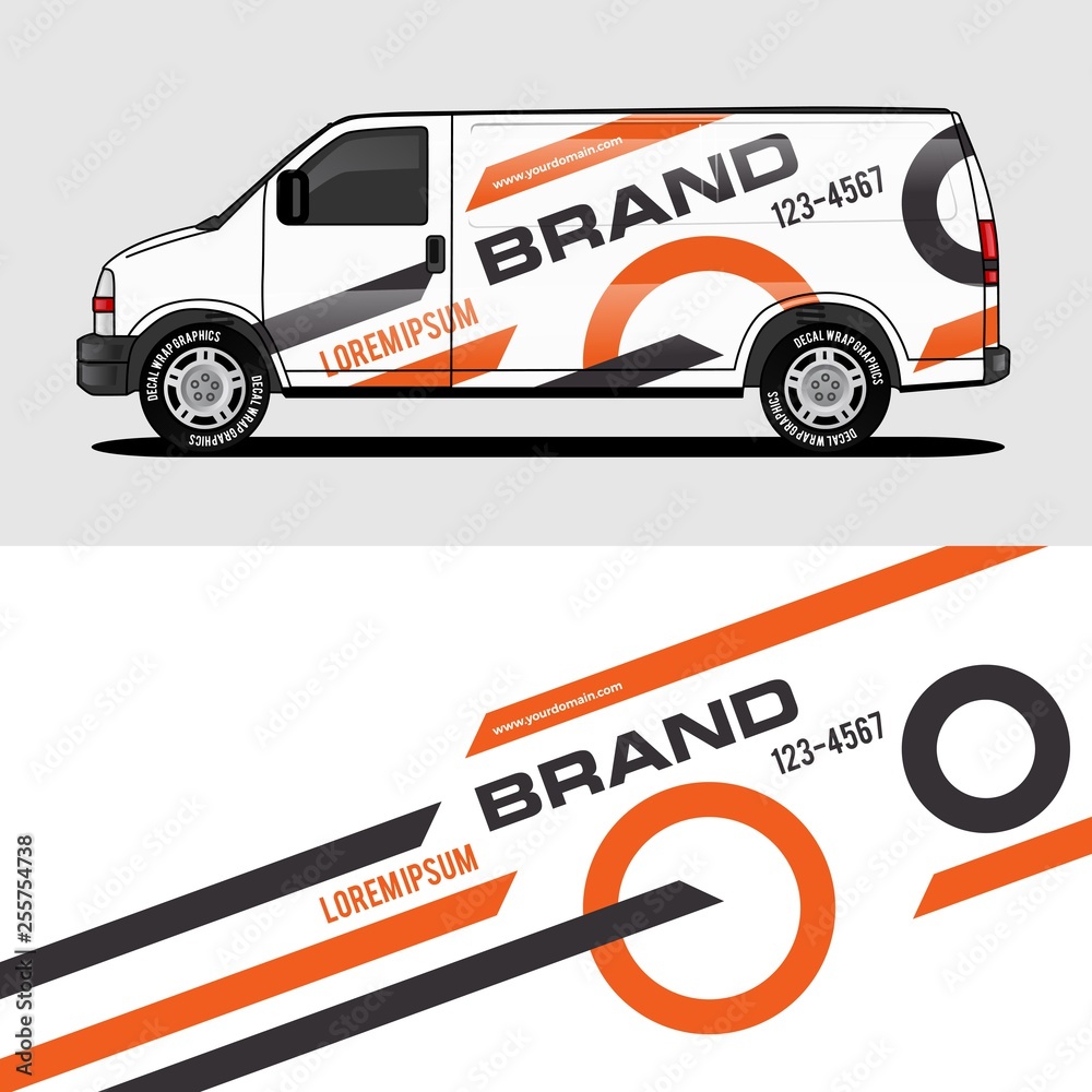 car livery orange van wrap design wrapping sticker and decal design for corporate company branding vector