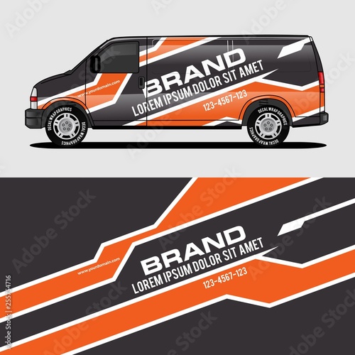 car livery orange van wrap design wrapping sticker and decal design for corporate company branding vector photo