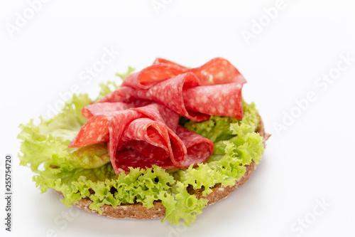 Sandwich with salami sausage on white background.