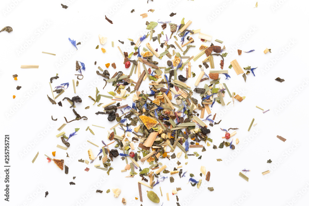 Herbal tea on a white background. Top view. Herbal tea on a white background. Top view.
