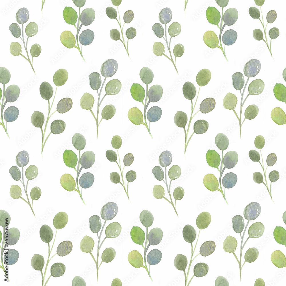 watercolor seamless pattern with plants, twigs, leaves . Ideal for fabric, textiles, bed linen, wrapping paper, cards, wedding invitations