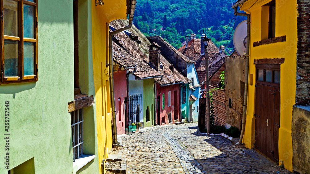 Αυτοκόλλητο Colorful street at Sighisoara, Romania