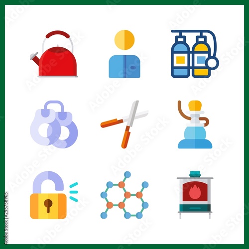 9 steel icon. Vector illustration steel set. padlock and kettle icons for steel works