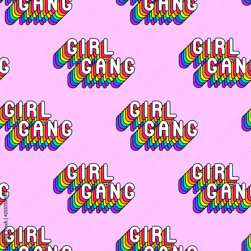 Seamless pattern with rainbow-colored words “Girl Gang” isolated on pink  background. Text patches vector wallpaper. Fun cartoon, comic style design  template. Stock Vector | Adobe Stock