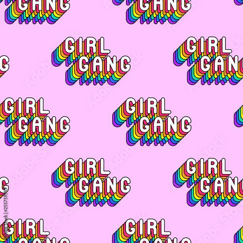 Seamless pattern with rainbow-colored words “Girl Gang” isolated on pink background. Text patches vector wallpaper. Fun cartoon, comic style design template. 