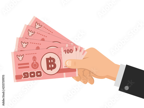 Hand holds money thai baht 100 banknotes. One hundred THB. Business concept. Isolated on white background. Flat style. Vector illustration.
